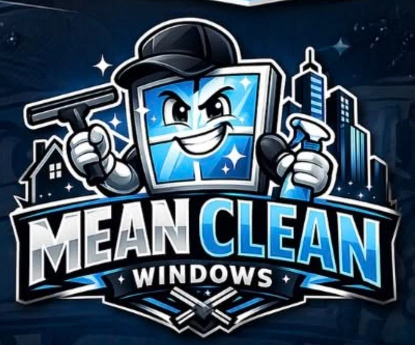 Mean Clean Windows mascot: a grinning window in a cap, holding a squeegee and spray bottle
